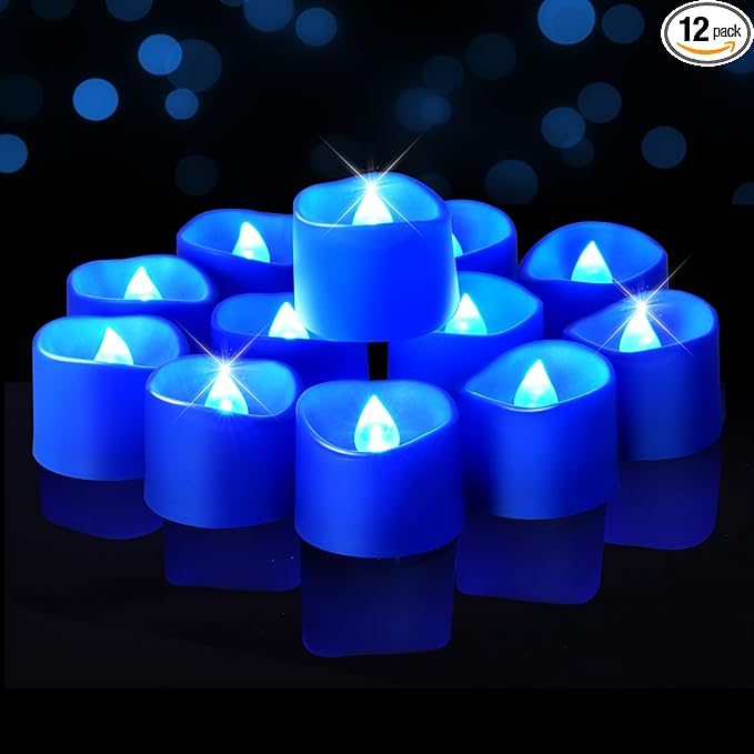 Raycare Blue Battery Operated Tea Lights, 200+Hour Electric Flickering Flameless Candles, Realistic Votive LED Tea Lights for Wedding Party Table Thanksgiving Christmas Decorations, Pack of 12