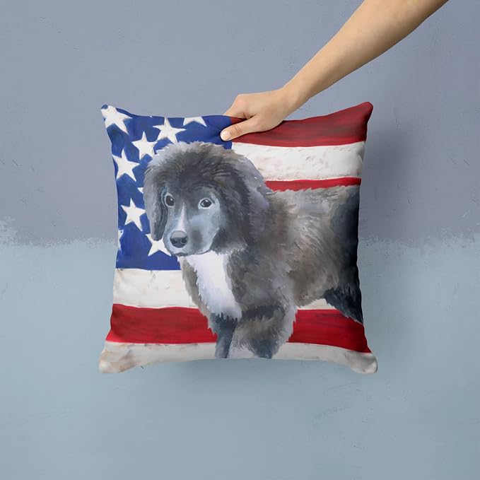 Caroline's Treasures BB9699PW1414 Newfoundland Puppy Patriotic Fabric Decorative Pillow Machine Washable, Indoor Outdoor Decorative Pillow for Couch, Bed or Patio, 14Hx14W