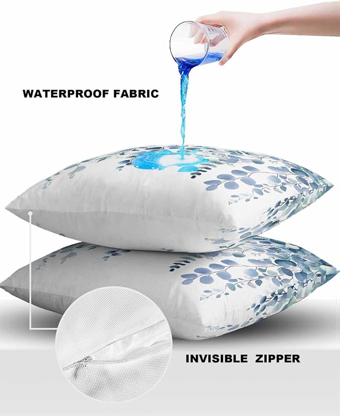 Outdoor Waterproof Pillow Covers Blue Eucalyptus Leaves Set of 2 Decorative Outdoor Pillowcases Watercolor Plant Leaf Cushion Cases for Patio Funiture Garden Couch Bench 16 x 16 Inches