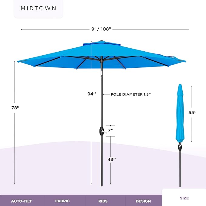Midtown Umbrellas - 10-Year-No-Fade 9 Ft Patio Umbrella with Terylast Fabric, Auto-Tilt Aluminum Frame and 8 Reinforced Ribs for Deck, Pool, Garden & Beach - Cobalt Blue Canopy, Black Pole