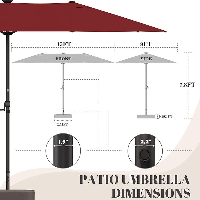 GDPFN 15ft Rectangular Patio Umbrella with Solar LED Lights, Double-Sided Outdoor Market Umbrella with Base Included, Extra Large Shade for Pool, Deck, Backyard, Garden, Burgundy