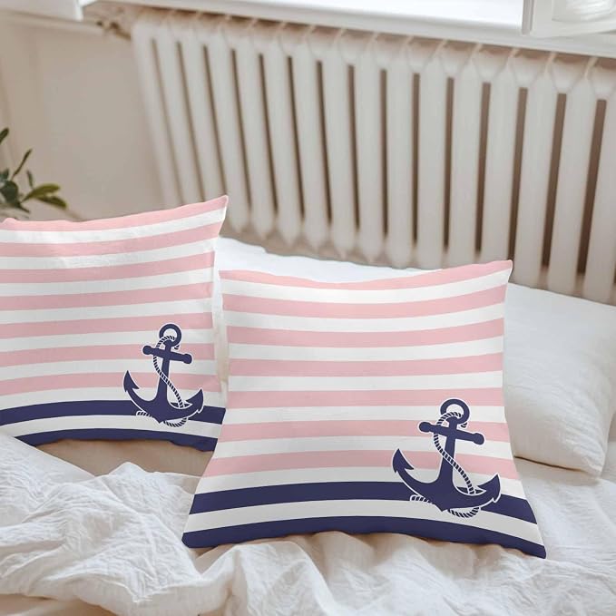 Anchor Pink Waterproof Outdoor Pillow Covers Set of 2 Home Decor Modern Navy Blue White Striped Nautical Pillowcase Patio Pillow Covers for Couch Bench Furniture Garden 16x16in