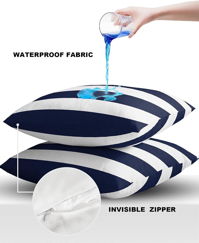 Outdoor Pillows 20x20 Navy Blue White Stripes Waterproof Outdoor Pillow Covers Geometric Simple Summer Throw Pillow Covers Garden Cushion Decorative Case for Patio Couch Decoration Set of 2