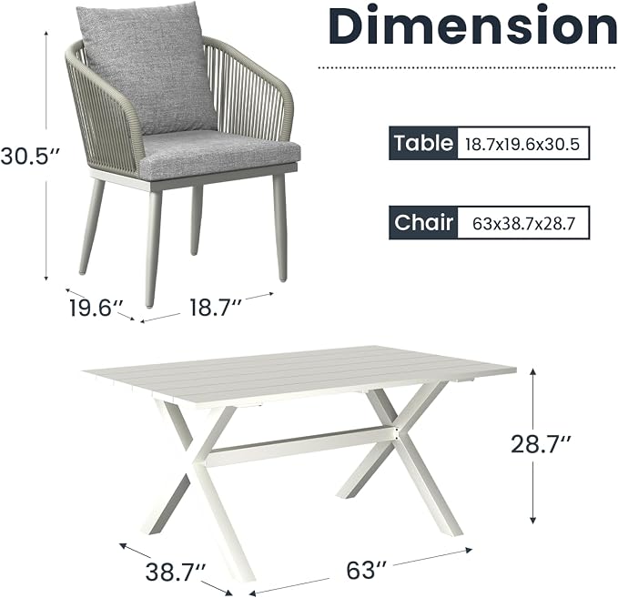 5-Piece Patio Dining Table Sets, Woven Wicker Dining Set with Rectangular Aluminum Table and Dining Chairs Modern Outdoor Dining Furniture Set for Outdoors and Indoors