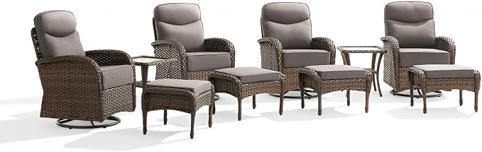 Outdoor Swivel Rocking Chair Patio Set (10pcs) High-Back - Thick Cushion Swivel Rocking Chair Patio Chairs Set, All-Weather Wicker Patio Furniture Set, Suitable for Balcony Patios, Brown/Gery