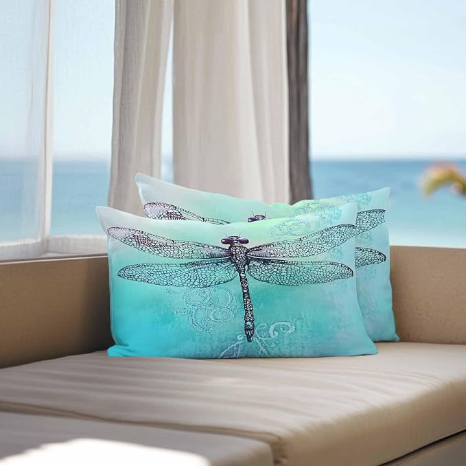 Vandarllin Outdoor Throw Pillows Covers 20x12 inch Set of 2 Waterproof Watercolors Dragonfly Decorative Zippered Cushion Covers for Patio Furniture, Teal Painting Lumbar Pillowcases