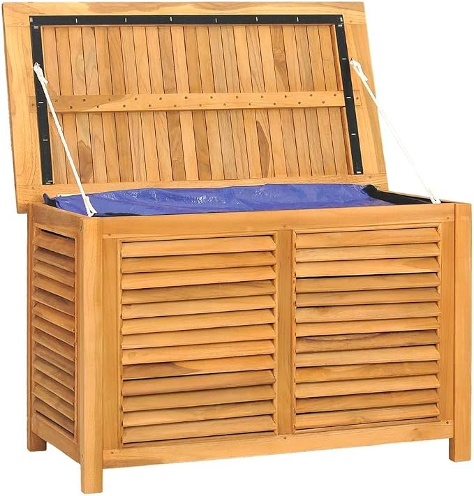Garden Storage Box Warm teak Solid teak wood, PE,Rustic Garden Storage Box with Large Capacity and Ventilated Design – for Outdoor Use Storage Boxes