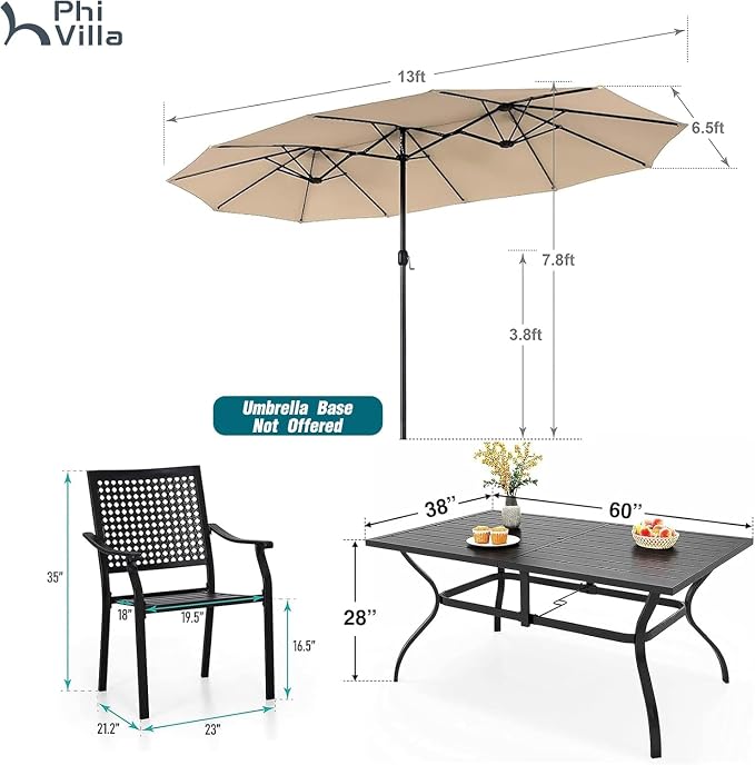 PHI VILLA Outdoor Table Chairs Set w/Umbrella, Patio Metal Furniture for 6 | 60" wrought iron rectangle table & stackable chairs w/ cushions. 13ft beige umbrella. 7 pcs furniture set for deck, porch