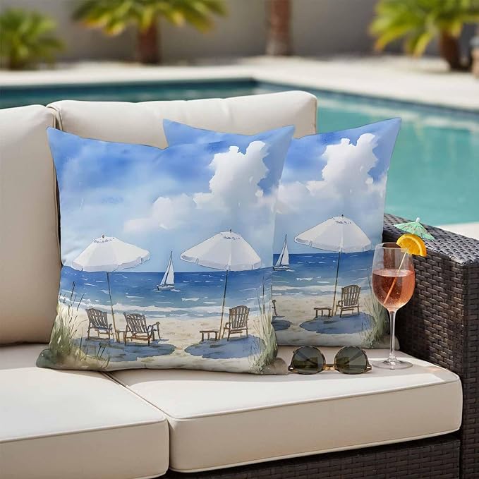Watercolor Summer Beach Outdoor Waterproof Throw Pillow Covers Set of 2, 18"x18", Sun Umbrella Beach Chair Decorative Pillow Covers Outside Cushion Case for Patio Porch Garden