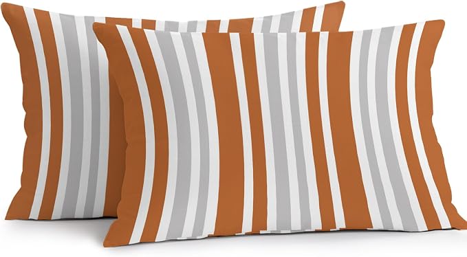 Burnt Orange Grey Stripe Outdoor Pillow Covers 20x12 Inch Lumbar Pillow Covers Set of 2 Waterproof Decorative Throw Pillow Cases Farmhouse Minimalist Striped Cushion Covers for Patio Furniture Garden