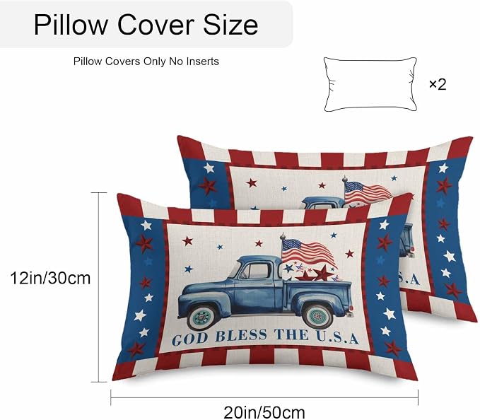 Independence Day Outdoor Throw Pillow Cover Farm Blue Truck American Flag Star Waterproof Cushion Covers 2 Pack Patriotic Red Plaid Pillow Cases Home Decoration for Patio Garden Couch Sofa 20x12In