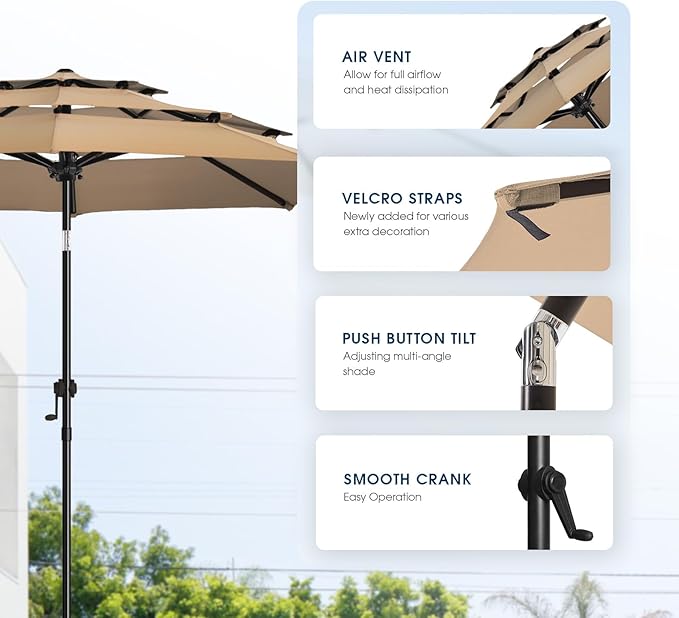 wikiwiki 10ft 3-Tier Patio Umbrella Outdoor Table Market Umbrella for Patio with Push Button Tilt/Crank, Fade Resistant Waterproof POLYESTER Canopy for Garden, Lawn, Deck, Backyard & Pool, Tan