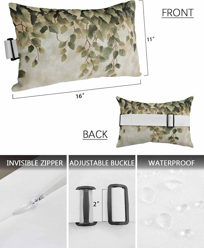 Pack of 2 Outdoor Lumbar Cushions with Inserts, Spring Leaf Plant Vintage Linen Oil Painting Waterproof Fluffy Fade Body Pillows, Patio Furniture Pillow for Home Balcony Garden Decor 11x16IN