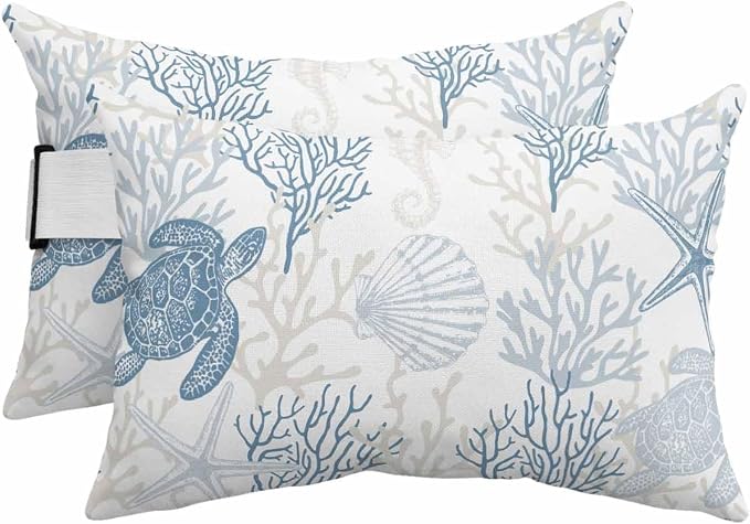 Lumbar Pillow Covers Set of 4, Blue Grey Coastal Waterproof Outdoor Chaise Lounge Pillow Covers with Elastic Strap, Sea Turtle Nautical Coral Summer Beach Headrest Pillowcase for Patio, 11 x 16