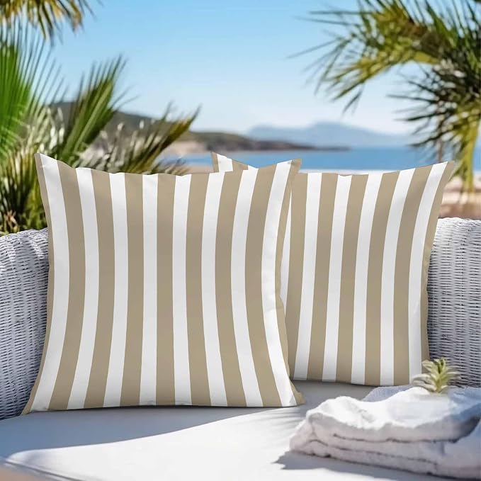 Beige Striped Outdoor Waterproof Throw Pillow Covers 18x18 Set of 2, Modern Farmhouse Beige White Stripes Decorative Pillowcases Cushion Pillowcase for Couch Sofa Patio Outside Pillow Protector