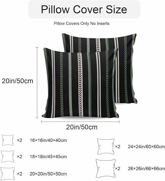 Throw Pillow Covers 16x16 Inch Set of 2, Black Green White Waterproof Outdoor Cushion Covers, Boho Vintage Abstract Striped Lines Decorative Pillowcases for Couch, Sofa, Bed, Garden, Patio