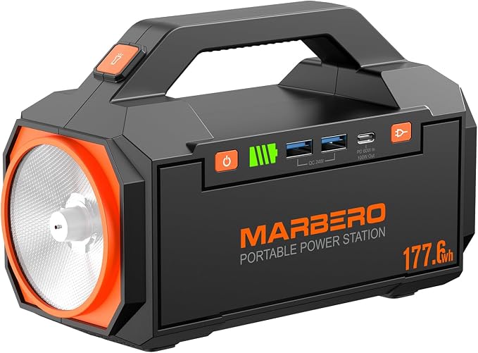MARBERO Portable Power Station 177.6Wh Power Bank 150W Max Outdoor Camping Battery with LED Flashlight Fast Charger for Outdoor Adventure Hunting CPAP Home Backup Business Trips Emergencies