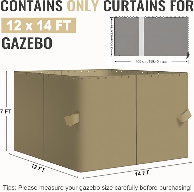 COWVIE 4-Panel 12' x 14' Gazebo Replacement Curtains, Patio Privacy Sidewalls with Double Zipper, Replacement for Outdoor Gazebo Canopy-Khaki