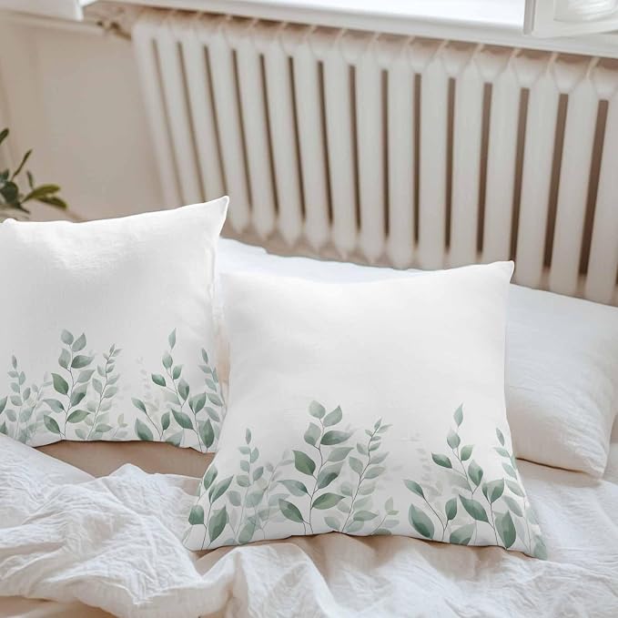 Sage Green Botanical Outdoor Waterproof Throw Pillow Covers 16x16 Set of 2, Pastoral Leaf Watercolor Decorative Pillowcases Cushion Pillowcase for Couch Sofa Patio Outside Pillow Protector