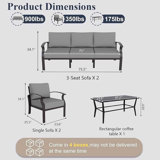 ALAULM Aluminum Patio Furniture Set with Coffee Table Rectangular, 8-seat Outdoor Sectional Furniture w/5.1" Cushions, Patio Conversation Set for Porch, Backyard, Poolside-Grey