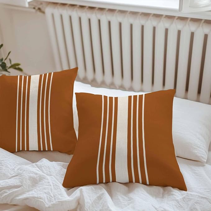 Throw Pillow Covers 20x20 Inch Set of 2, Burnt Orange Beige Striped Waterproof Outdoor Cushion Covers, Modern Farmhouse Retro Lines Decorative Pillowcases for Couch, Sofa, Bed, Garden, Patio