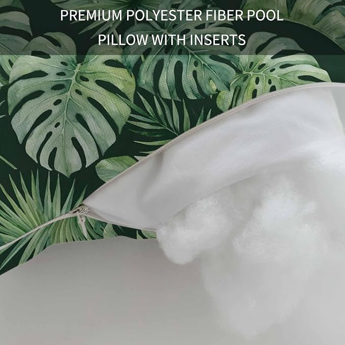 Tropical Botanical Outdoor Chaise Lounge Chair Head Pillow,Green Monstera Leaves Summer Waterproof Headrest Lumbar Throw Pillows Cover Case with Insert and Elastic Band for Pool Patio,11"x16" 1Pack