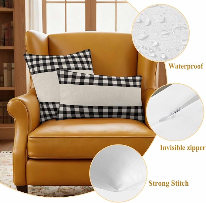 Retro Black Outdoor Waterproof Pillow Covers, Farmhouse Buffalo Plaid Vintage Beige Decorative Square Throw Pillowcase Sofa Cushion Sham for Patio/Couch/Chair, 20"x20" 2 Pack