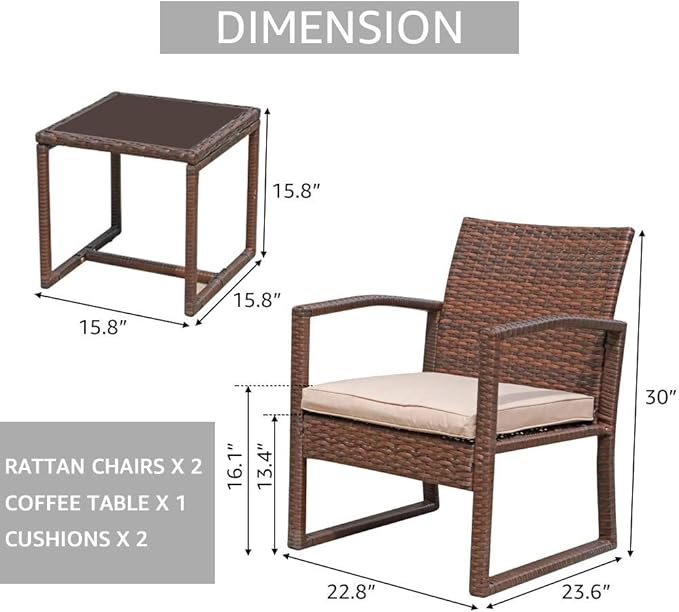 Patiorama 3 Pieces Outdoor Patio Furniture Set, Outdoor Wicker Conversation Set, Patio Rattan Chair Set, Modern Bistro Set with Coffee Table, Garden Balcony Backyard Poolside (Brown)