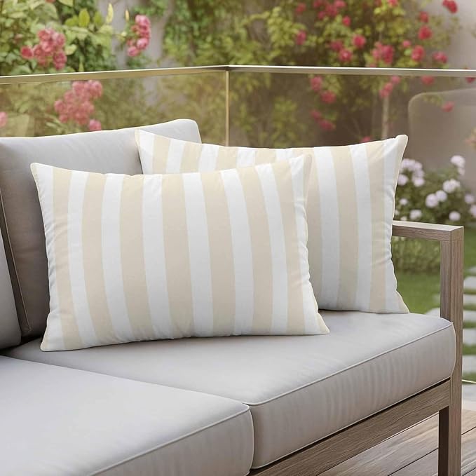 Cream Striped Outdoor Waterproof Throw Pillow Covers 20x12 Set of 2, Modern Farmhouse Cream White Stripes Decorative Pillowcases Cushion Pillowcase for Couch Sofa Patio Outside Pillow Protector