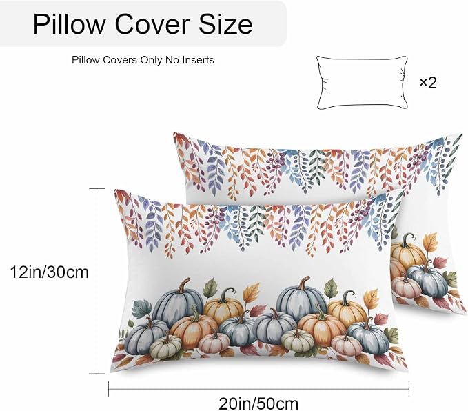 Orange Fall Pumpkins Outdoor Waterproof Pillow Covers, Eucalyptus Leaves Country Farmhouse Decorative Rectangle Throw Pillowcase Sofa Cushion Sham for Patio/Couch/Chair, 20"x12" 2 Pack