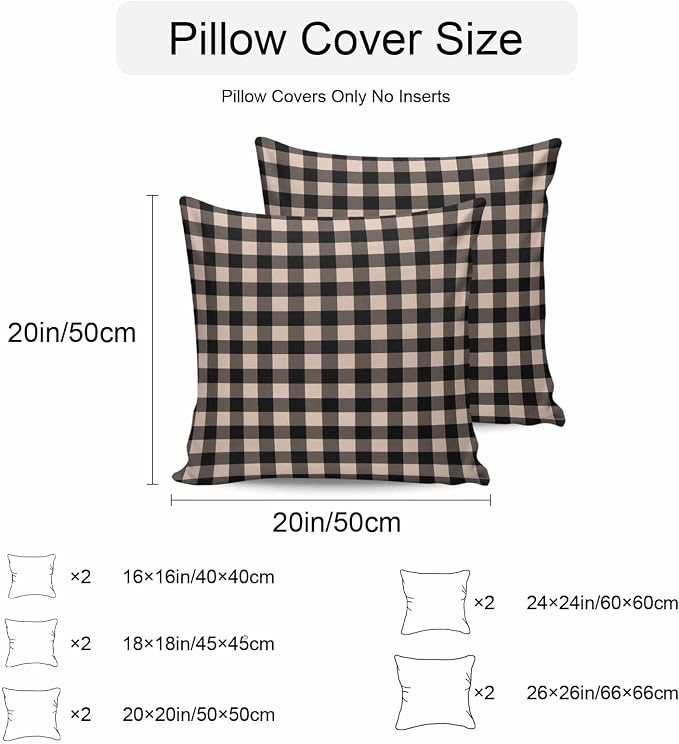 Outdoor Waterproof Throw Pillow Covers Set of 2 Beige Buffalo Plaid Pillowcases 16x16 Inches Pastoral Black Checked Decorative Pillows Cushion Case Patio Pillows for Couch Bed Chair Garden