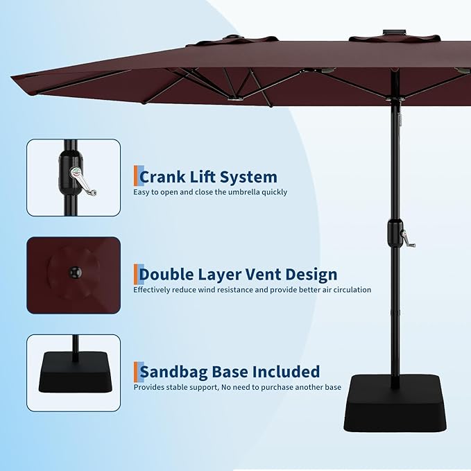 KYBOLT 15 Ft Large Patio Umbrella with Base Included, Outdoor Double-Sided Rectangle Umbrella with Crank Handle, Outdoor Umbrella for Backyard, Pool, Patio,