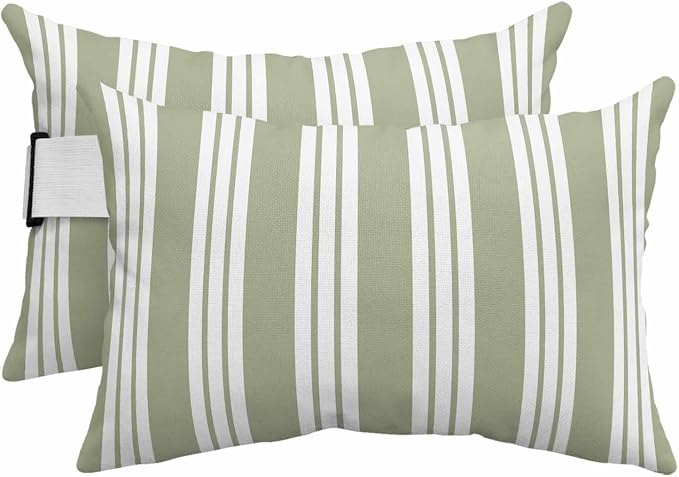 Outdoor Lumbar Pillow Set of 2, Striped Sage Green Waterproof Beach Headrest Pillow with Inserts, Farmhouse Line Stripes Classic Recliner Throw Pillows for Patio Furniture, 11 x 16
