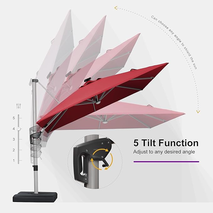 PURPLE LEAF Patio Umbrella with base 10 Feet Outdoor Square Cantilever Umbrella Solar Powered LED with 360-degree Rotation for Garden Deck Pool Patio, Terra