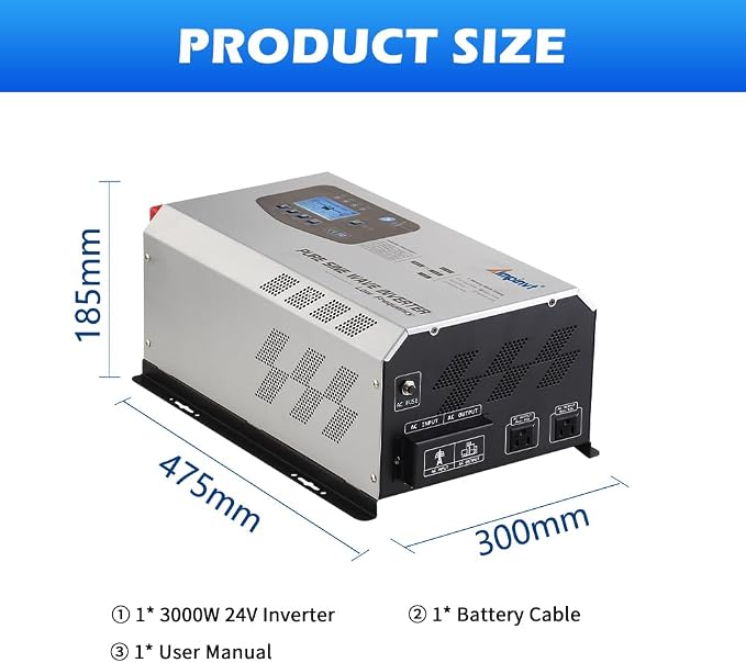 Ampinvt 3000W Peak 9000W Pure Sine Wave Inverter, DC 24V to 120V AC Output with Battery AC Charger,Low Frequency Power Inverter for Truck Boat Home, Support Sealed Gel AGM Flooded Lithium Battery