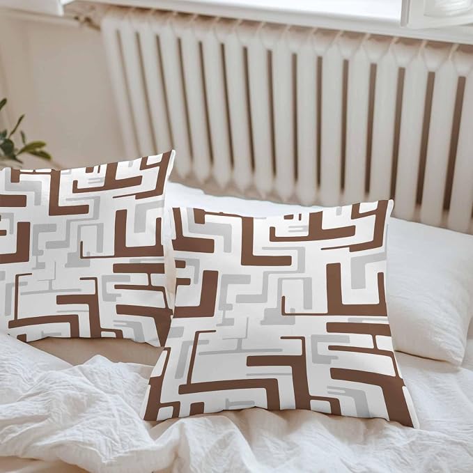 Vandarllin Outdoor Throw Pillows Covers 26x26 inch Set of 2 Waterproof Brown Geometric Stripes Decorative Zippered Cushion Covers for Patio Furniture, Modern Abstract Lines Lumbar Pillowcases