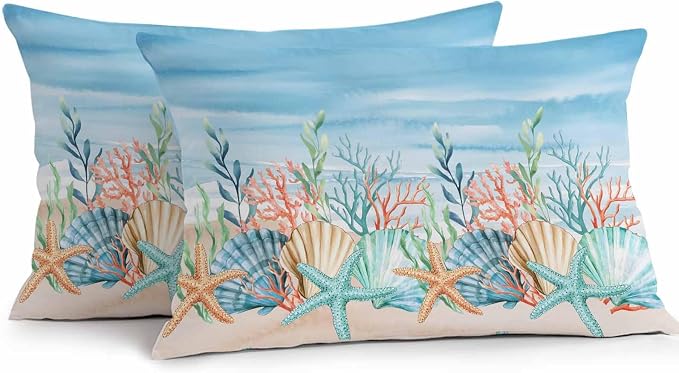 Lumbar Pillow Covers 20x12 Inch Set of 2, Summer Nautical Waterproof Outdoor Pillow Covers, Coastal Beach Starfish Coral Shell Blue Decorative Cushion Pillowcases for Couch, Sofa, Bed, Garden, Patio