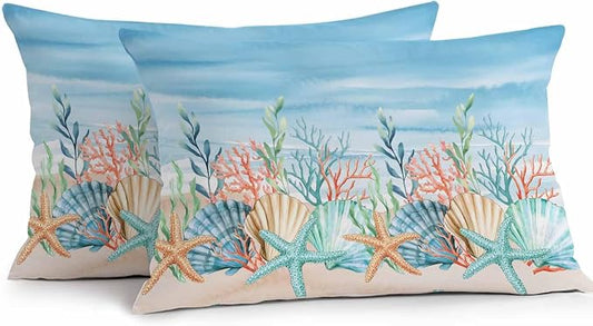 Lumbar Pillow Covers 20x12 Inch Set of 2, Summer Nautical Waterproof Outdoor Pillow Covers, Coastal Beach Starfish Coral Shell Blue Decorative Cushion Pillowcases for Couch, Sofa, Bed, Garden, Patio