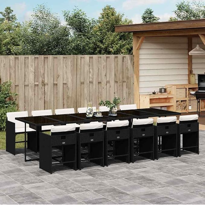 13 Piece Patio Dining Set with Cushions Black Poly Rattan Outdoor Table and 12 Folding Chairs for Garden Backyard Relaxing Space-Saving UV-Proof Tempered Glass