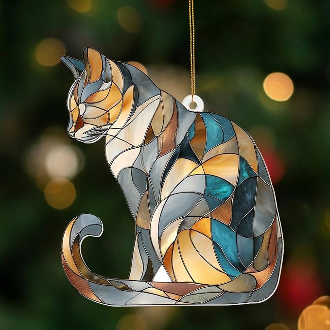 Stained Glass Cat Ornament – 2025 Christmas Tree Decoration, Handmade Animal Suncatcher for Window, for Cat Lovers & Unique Home Décor (Sun-03)