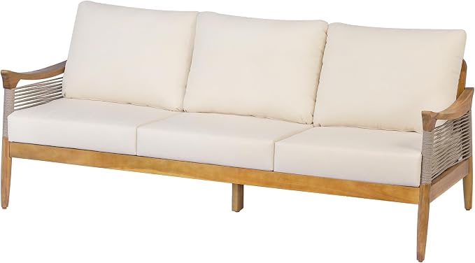 Christopher Knight Home Heidi Acacia Wood 5 Piece Patio Furniture Set 7-Seater Outdoor Loveseat, 3-Seater Sofa, Club Chairs and Coffee Table, Patio Conversation Set With Woven Rope Accents, Teak+Beige