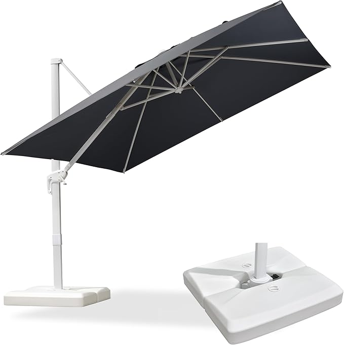 PURPLE LEAF 10 FT Patio Umbrella With Base White Cantilever Umbrella Square Outdoor Offset Umbrella Windproof with 360° Rotation for Garden Deck Pool, Light Grey