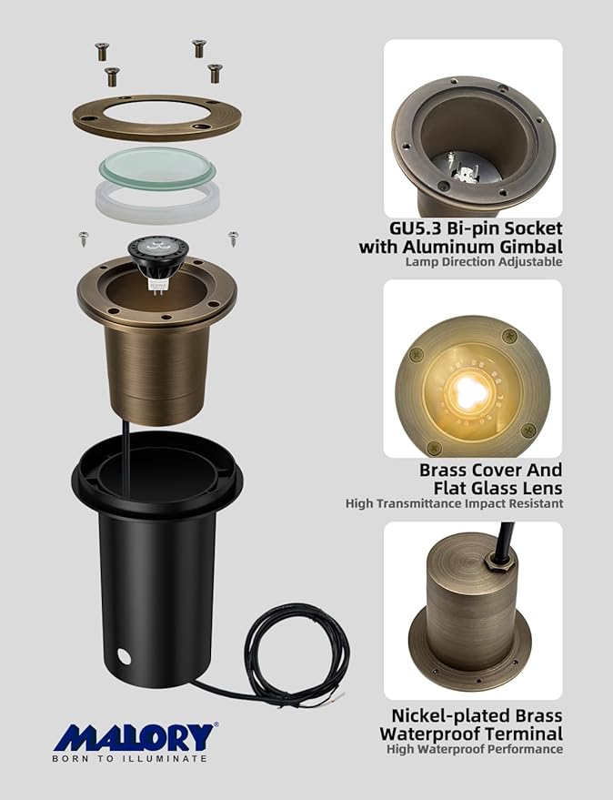 MALORY Brass Landscape Well Lights, (φ99 mm) 12V Low Voltage Outdoor In Ground Lights,Landscape Lighting for Pathway, Driveway, Garden 1 Pack with Bulb (Full Brass -01A, 10-Pack with Bulb)