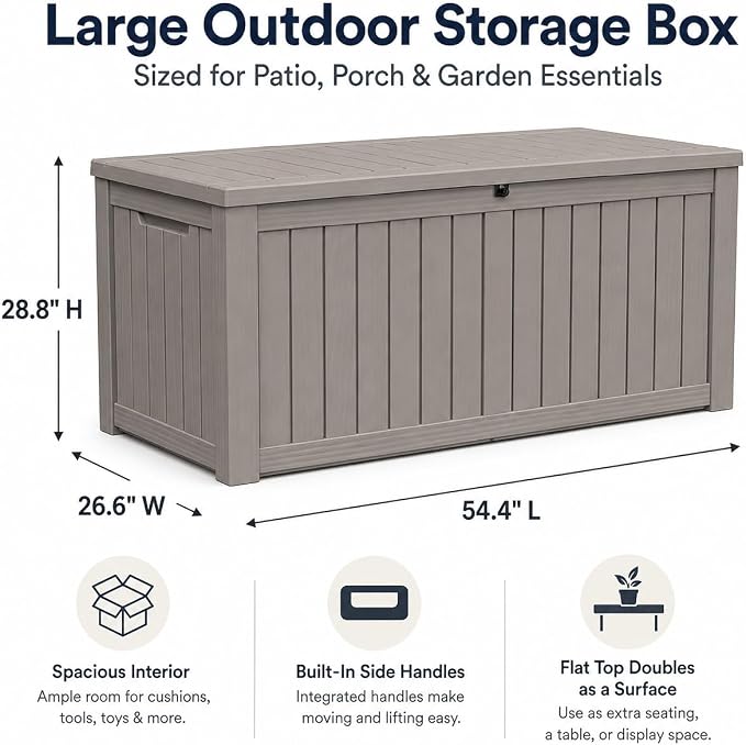 Outdoor Deck Patio Storage Box - 170 Gallon Large Outdoor Deck Box, Plastic Storage Bin with Lid, Outside Toy Box & Pool Storage Container for Cushions, Garden Tools, Towel, Brown