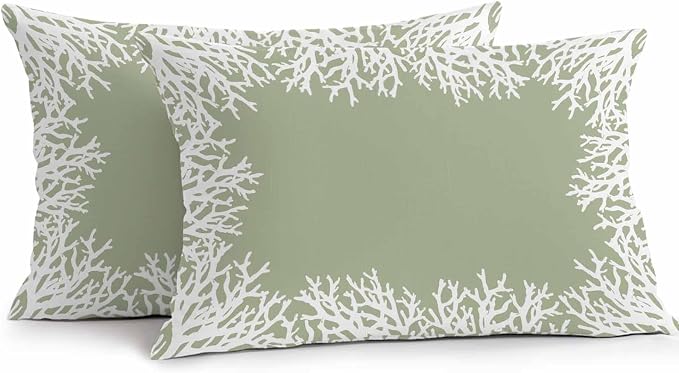 Vandarllin Outdoor Throw Pillows Covers 20x12 inch Set of 2 Waterproof Sage Green Coral Decorative Zippered Cushion Covers for Patio Furniture, Coastal Marine Life Lumbar Pillowcases