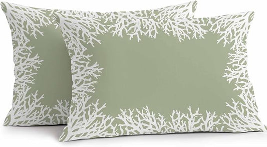 Vandarllin Outdoor Throw Pillows Covers 20x12 inch Set of 2 Waterproof Sage Green Coral Decorative Zippered Cushion Covers for Patio Furniture, Coastal Marine Life Lumbar Pillowcases