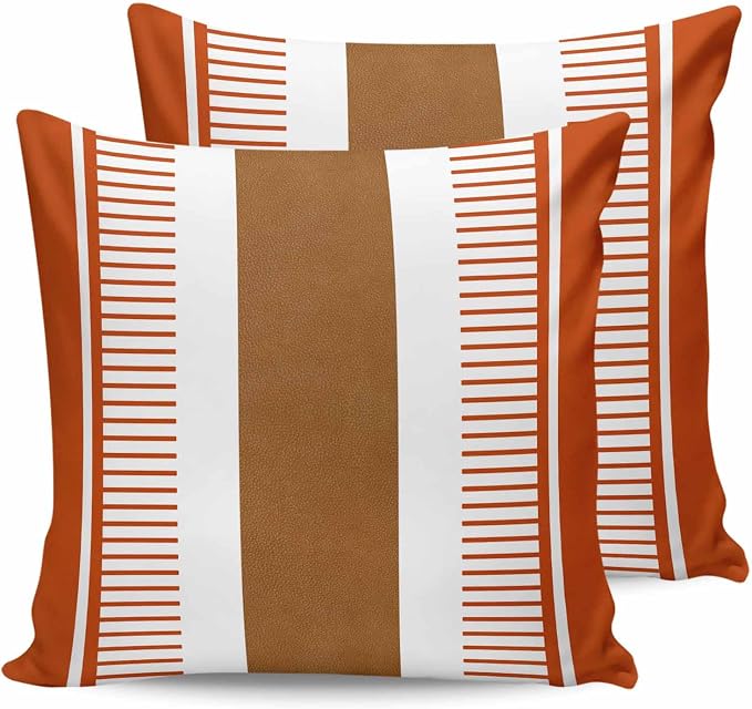 Outdoor Waterproof Throw Pillow Covers 24x24in, Boho Farmhouse Cushions for Garden Patio Furniture Chairs Set of 2, Modern Striped Textured Home Decor Couch Sofa Polyester Pillow Cases