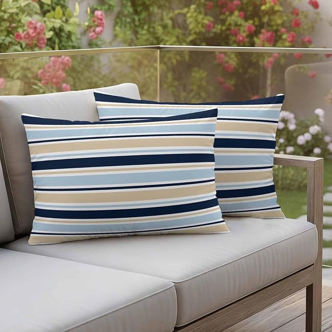 Navy Blue Khaki Striped Outdoor Pillow Cover 12x20 Inch Cushion Sham Case, Farmhouse Stripes Modern Abstract Art Waterproof Decorative Square Throw Pillowcase for Outside Garden Patio Porch Couch