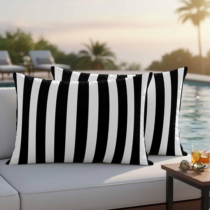 Outdoor Pillow Covers,Black White Geometric Stripe Decorative Throw Pillow Cover Waterproof Pillowcase Set of 2,Linen Cushion Case for Sofa Couch Bed 20x12 Inch,Modern Minimalist Line