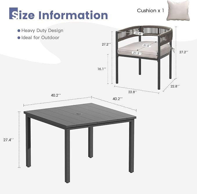 VICLLAX Patio Dining Set, 40.2" Dark Grey Table & 4 Chairs with Wheat Cushion
